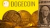 Representasi mata uang kripto dan uang kertas satu dolar AS terlihat di depan logo Dogecoin (foto: ilustrasi). 