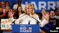 U.S. first lady Jill Biden speaks to supporters of her husband, President Joe Biden, during a campaign event at the American Legion Seminole Post 111 in Tampa, Fla., July 8, 2024.