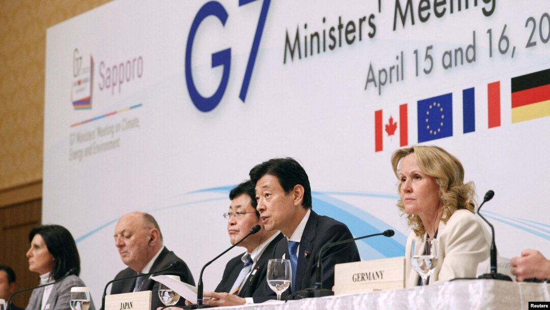 Japan's Environment Minister Akihiro Nishimura and Minister of Economy, Trade and Industry Yasutoshi Nishimura attend at a news conference of G7 Ministers' Meeting on Climate, Energy and Environment in Sapporo, Apr. 16, 2023, (Kyodo via Reuters) 