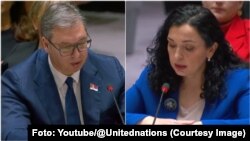 Predsednik Srbije Aleksandar Vučić i predsednica Kosova Vjosa Osmani na sednici Saveta bezbednosti UN u Njujorku, 22. aprila 2024. (Foto: Youtube/@Unitednations)