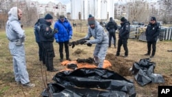 ARHIVA - Francuski forenzičari pored masovne grobnice u gradu Buča, u Ukrajini(Foto: AP/Wladyslaw Musiienko)
