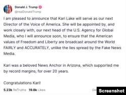 Novoizabrani predsednik Donald Tramp novinovao je bivšu voditeljsku Foks njuza Keri Lejk za novu direktorku Glasa Amerike, u objavi na svojoj društvenoj mreži Truth Social, 12. decembra 2024. (Foto: Skrinšot)