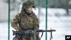 Ілюстративне фото. Естонський солдат під час військових навчань НАТО "Залізний меч 2016" на полігоні в Пабраде, на північ від Вільнюса, Литва, 2 грудня 2016 р. (Фото: AP Photo/Mindaugas Kulbis)