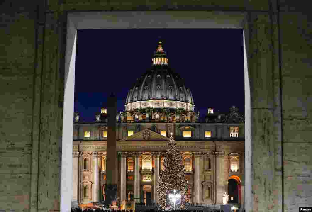 The Vatican Christmas tree is lit up during a ceremony in Saint Peter's Square at the Vatican, in Rome.