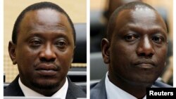 Shugaban kasar Kenya Uhuru Kenyata da mataimakinsa William Ruto a kotun kasa da kasa dake Hague kasar Holland ko Netherlands.