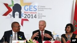 U.S. Vice President Joe Biden, center, addresses entrepreneurs from the Middle East during the opening session of the Global Entrepreneurship Summit in Marrakech, Morocco, Nov. 20, 2014. 