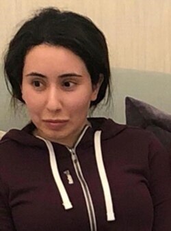 FILE - A photo released Dec. 24, 2018, by the United Arab Emirates' Ministry of Foreign Affairs and International Cooperation, shows Princess Latifa Al Maktoum, in Dubai, UAE, Dec. 15, 2018.
