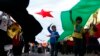 Children hold up a Syrian Opposition flag during a rally against the government of Syria and Egypt in central Sydney, Sept. 1, 2013. 