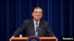 Japanese Prime Minister Shigeru Ishiba holds a press conference on Oct. 9, 2024, at his official residence in Tokyo, Japan, after dissolving the Lower House of Parliament and proceeding for an early election on Oct. 27.