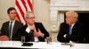Tim Cook, Chief Executive Officer of Apple, speaks as President Donald Trump, right, and Jared Kushner, White House Senior Adviser, left, listen during an American Technology Council roundtable in the State Dinning Room of the White House, June 19, 2017.