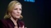 FILE - Actress Cate Blanchett, goodwill ambassador for the United Nations High Commissioner for Refugees (UNHCR), gestures as she attends the World Economic Forum (WEF) annual meeting in Davos, Switzerland, Jan. 23, 2018. 