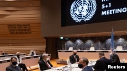 UN Secretary-General Guterres, Cypriot President and Greek Cypriot leader Anastasiades, Turkish Cypriot leader Ersin Tatar, British Foreign Secretary Raab, Turkish FM Cavusoglu, meet in Geneva, Apr. 20, 2021. (S. Ioannides/PIO/Handout via Reuters)