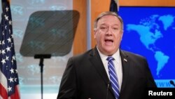 U.S. Secretary of State Mike Pompeo speaks about the coronavirus disease (COVID-19) during a media briefing at the State Department in Washington, May 6, 2020.