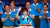 Backed by the ruling Nationalist Party members, Hung Hsiu-chu, deputy legislative speaker, waves as she is nominated as the party's candidate in the January presidential election, July 19, 2015, in Taipei, Taiwan.