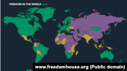 Mapa 195 država i 15 teritorija po kriterijumu poštovanja političkih prava i ljudskih sloboda: zeleno simbolizuje slobodne, ljubičasta delimično slobodne, a ljubičasta neslobodne zemlje (Foto: www.freedomhouse.org)