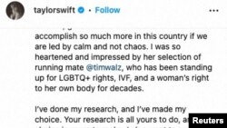 Tangkapan layar kiriman teks Taylor Swift yang berisii dukugan untuk Kamala Harris sebagai Presiden AS usai debat capres antara Donald Trump dan Kamala Harris, Selasa, 10 September 2024. (Foto: media sosial website via Reuters)